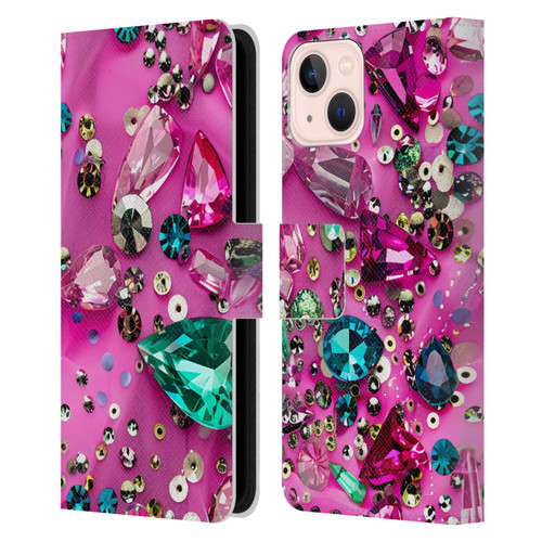 Haroulita Fancy Pattern Gemstones Hot Pink Leather Book Wallet Case Cover For Apple iPhone 13