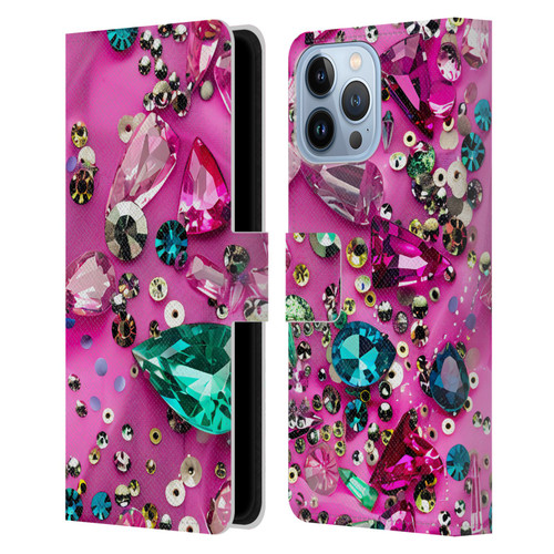 Haroulita Fancy Pattern Gemstones Hot Pink Leather Book Wallet Case Cover For Apple iPhone 13 Pro Max