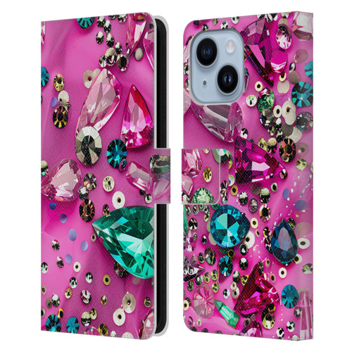 Haroulita Fancy Pattern Gemstones Hot Pink Leather Book Wallet Case Cover For Apple iPhone 14 Plus