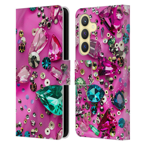 Haroulita Fancy Pattern Gemstones Hot Pink Leather Book Wallet Case Cover For Samsung Galaxy S24 5G