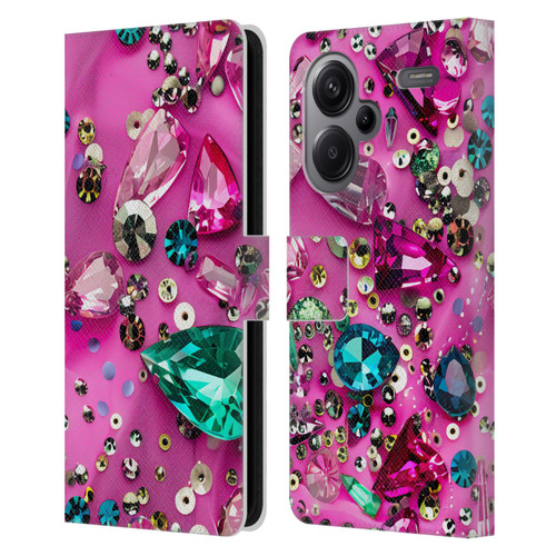 Haroulita Fancy Pattern Gemstones Hot Pink Leather Book Wallet Case Cover For Xiaomi Redmi Note 13 Pro Plus 5G
