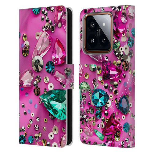 Haroulita Fancy Pattern Gemstones Hot Pink Leather Book Wallet Case Cover For Xiaomi 14