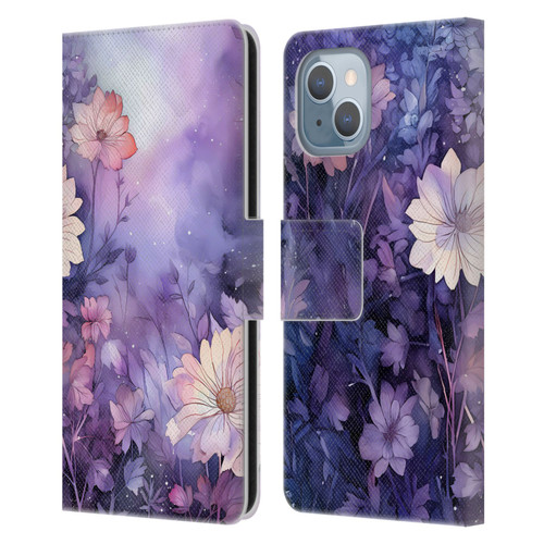 Haroulita Leaves And Flowers Fairy Dust Purple Leather Book Wallet Case Cover For Apple iPhone 14