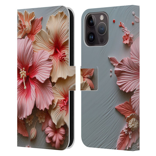 Haroulita Leaves And Flowers Hibiscus Leather Book Wallet Case Cover For Apple iPhone 15 Pro Max