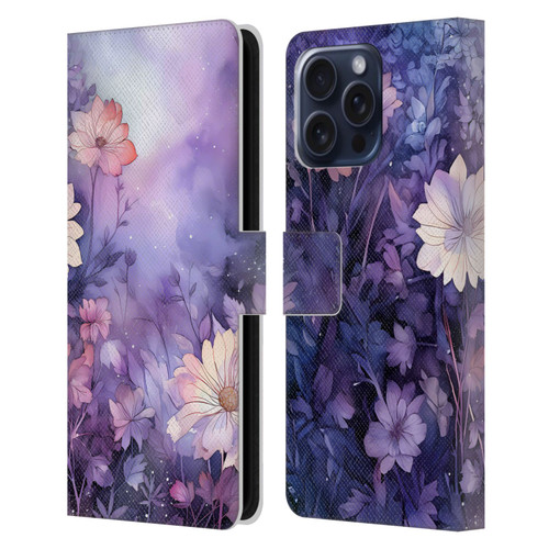 Haroulita Leaves And Flowers Fairy Dust Purple Leather Book Wallet Case Cover For Apple iPhone 16 Pro Max