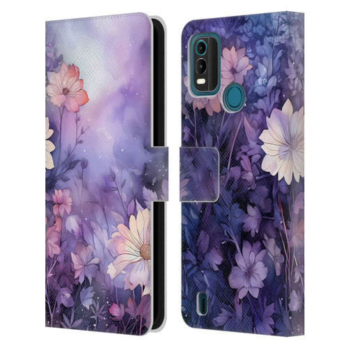 Haroulita Leaves And Flowers Fairy Dust Purple Leather Book Wallet Case Cover For Nokia G11 Plus