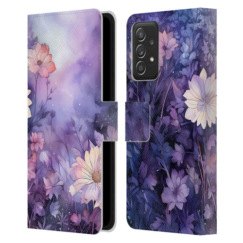 Haroulita Leaves And Flowers Fairy Dust Purple Leather Book Wallet Case Cover For Samsung Galaxy A52 / A52s / 5G (2021)