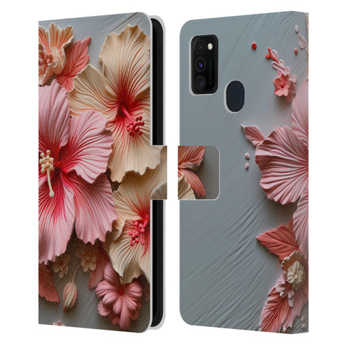 Haroulita Leaves And Flowers Hibiscus Leather Book Wallet Case Cover For Samsung Galaxy M30s (2019)/M21 (2020)