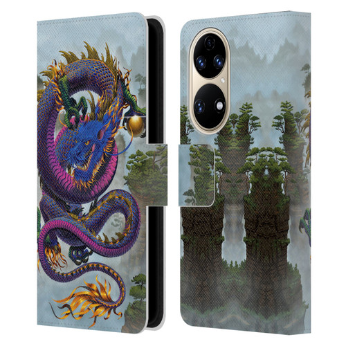 Vincent Hie Graphics Good Fortune Dragon Blue Leather Book Wallet Case Cover For Huawei P50