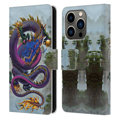 Vincent Hie Graphics Good Fortune Dragon Blue Leather Book Wallet Case Cover For Apple iPhone 14 Pro