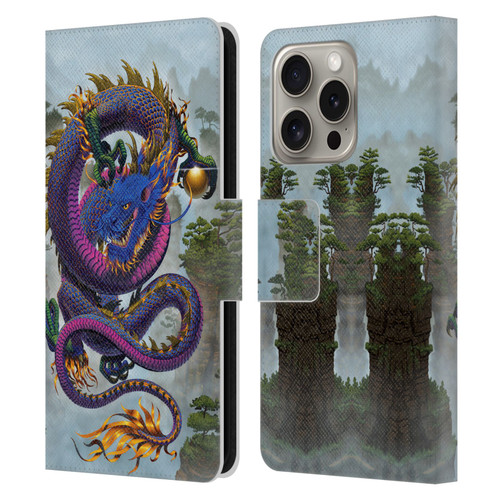 Vincent Hie Graphics Good Fortune Dragon Blue Leather Book Wallet Case Cover For Apple iPhone 16 Pro