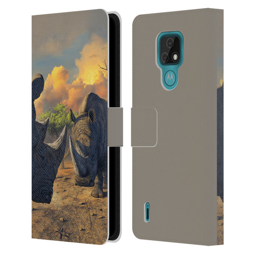 Vincent Hie Key Art Rhino Stand Off Leather Book Wallet Case Cover For Motorola Moto E7