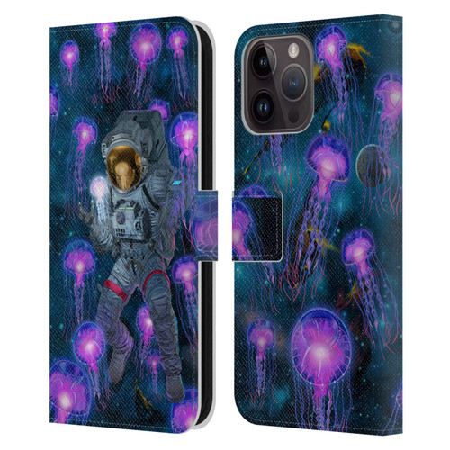 Vincent Hie Cosmic Wonder Jellyfish Astronaut Leather Book Wallet Case Cover For Apple iPhone 15 Pro Max