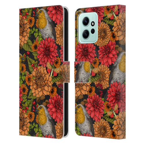 Katerina Kirilova Graphics Robins And Dahlias Leather Book Wallet Case Cover For Xiaomi Redmi 12