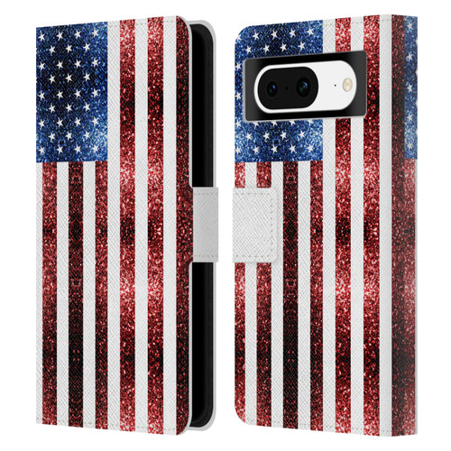 PLdesign Flags USA Glitters Leather Book Wallet Case Cover For Google Pixel 8