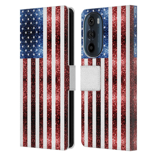 PLdesign Flags USA Glitters Leather Book Wallet Case Cover For Motorola Edge 30