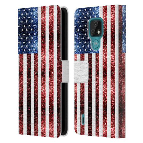 PLdesign Flags USA Glitters Leather Book Wallet Case Cover For Motorola Moto E7