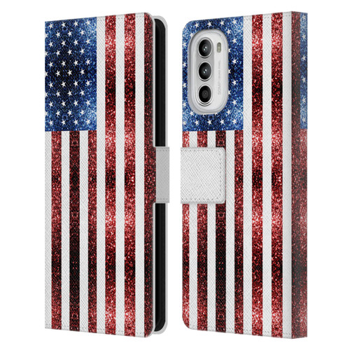 PLdesign Flags USA Glitters Leather Book Wallet Case Cover For Motorola Moto G52