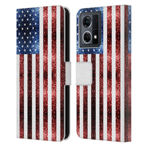 PLdesign Flags USA Glitters Leather Book Wallet Case Cover For OPPO Reno8 4G