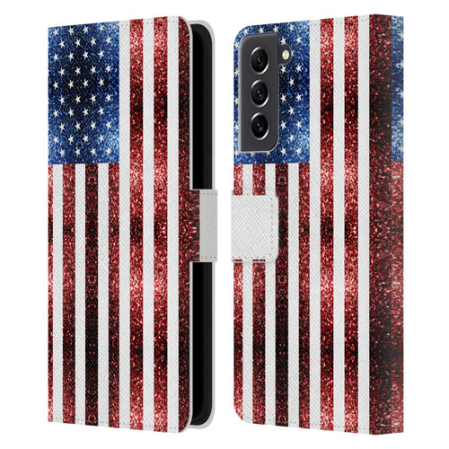 PLdesign Flags USA Glitters Leather Book Wallet Case Cover For Samsung Galaxy S21 FE 5G