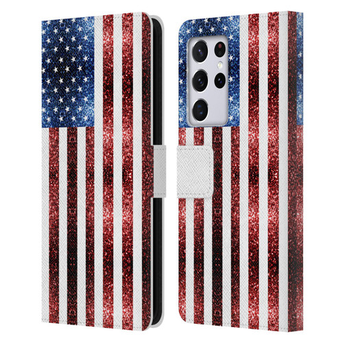 PLdesign Flags USA Glitters Leather Book Wallet Case Cover For Samsung Galaxy S21 Ultra 5G