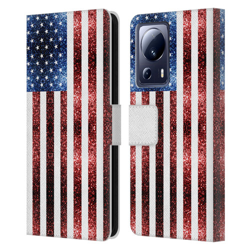 PLdesign Flags USA Glitters Leather Book Wallet Case Cover For Xiaomi 13 Lite 5G