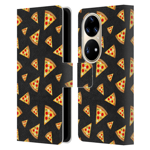 PLdesign Food Patterns Cool Fun Pizza Slices Black Leather Book Wallet Case Cover For Huawei P50 Pro