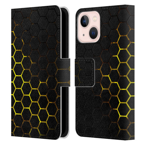 PLdesign Geometric Patterns Honeycomb Yellow Leather Book Wallet Case Cover For Apple iPhone 13 Mini