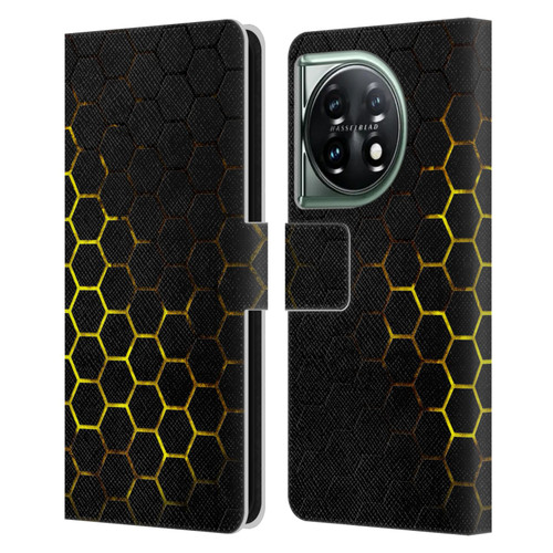 PLdesign Geometric Patterns Honeycomb Yellow Leather Book Wallet Case Cover For OnePlus 11 5G