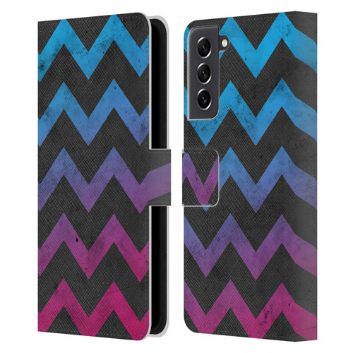 PLdesign Geometric Patterns Blue Pink Ombre Vintage Leather Book Wallet Case Cover For Samsung Galaxy S21 FE 5G