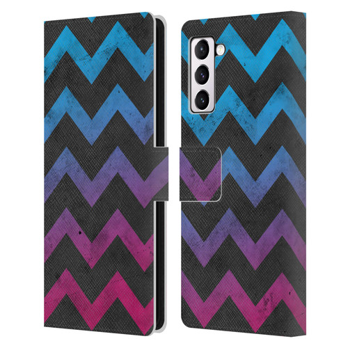 PLdesign Geometric Patterns Blue Pink Ombre Vintage Leather Book Wallet Case Cover For Samsung Galaxy S21+ 5G