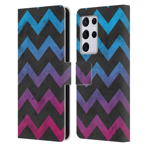 PLdesign Geometric Patterns Blue Pink Ombre Vintage Leather Book Wallet Case Cover For Samsung Galaxy S21 Ultra 5G