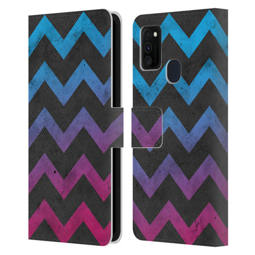 PLdesign Geometric Patterns Blue Pink Ombre Vintage Leather Book Wallet Case Cover For Samsung Galaxy M30s (2019)/M21 (2020)