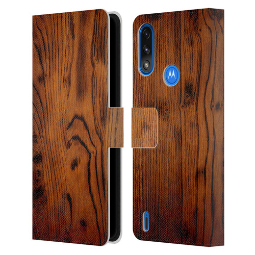 PLdesign Wood Prints Rustic Vintage Brown Burnt Leather Book Wallet Case Cover For Motorola Moto E7 Power / Moto E7i Power
