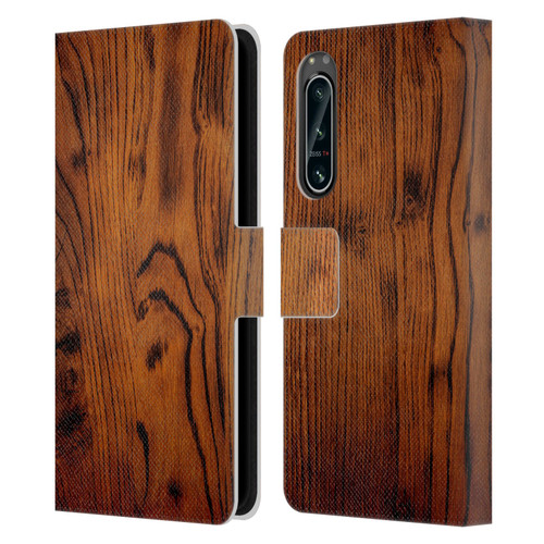 PLdesign Wood Prints Rustic Vintage Brown Burnt Leather Book Wallet Case Cover For Sony Xperia 5 IV