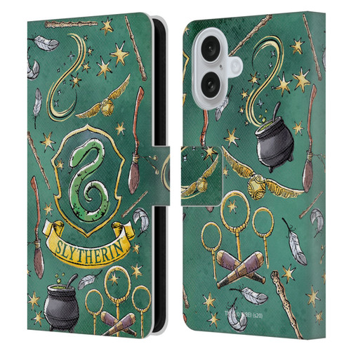 Harry Potter Deathly Hallows XIII Slytherin Pattern Leather Book Wallet Case Cover For Apple iPhone 16