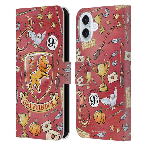 Harry Potter Deathly Hallows XIII Gryffindor Pattern Leather Book Wallet Case Cover For Apple iPhone 16 Plus