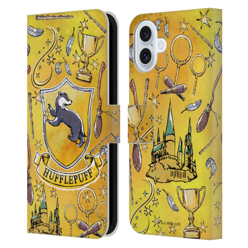 Harry Potter Deathly Hallows XIII Hufflepuff Pattern Leather Book Wallet Case Cover For Apple iPhone 16 Plus