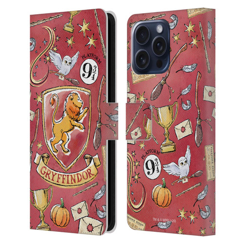 Harry Potter Deathly Hallows XIII Gryffindor Pattern Leather Book Wallet Case Cover For Apple iPhone 16 Pro Max