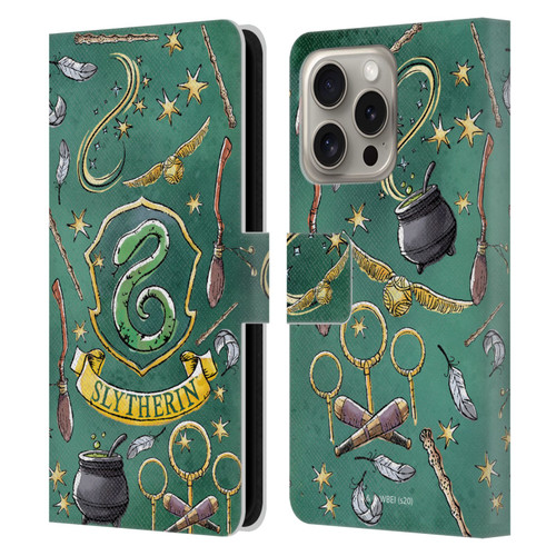 Harry Potter Deathly Hallows XIII Slytherin Pattern Leather Book Wallet Case Cover For Apple iPhone 16 Pro