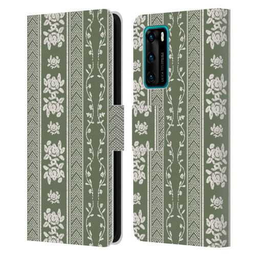 Anis Illustration Floral And Leaves Floral Stripes Green Leather Book Wallet Case Cover For Huawei P40 5G