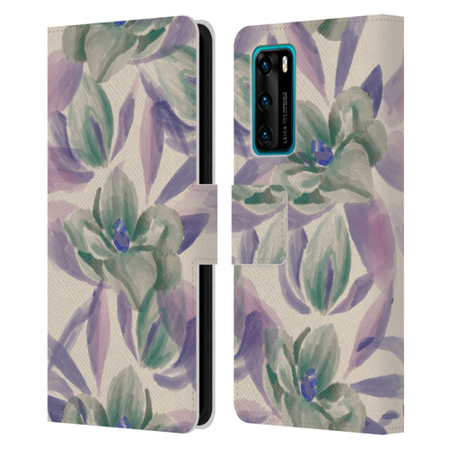 Anis Illustration Floral And Leaves Magnolias Paint Purple Leather Book Wallet Case Cover For Huawei P40 5G