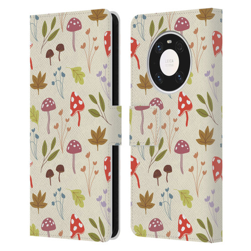 Anis Illustration Floral And Leaves Cute Mushrooms Leather Book Wallet Case Cover For Huawei Mate 40 Pro 5G