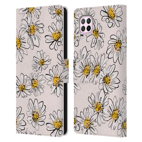 Anis Illustration Floral And Leaves Daisies Pink Pastel Leather Book Wallet Case Cover For Huawei Nova 6 SE / P40 Lite