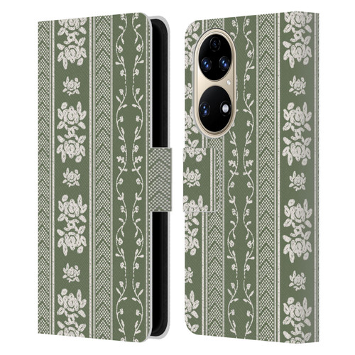 Anis Illustration Floral And Leaves Floral Stripes Green Leather Book Wallet Case Cover For Huawei P50