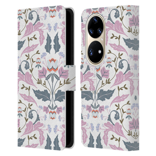 Anis Illustration Floral And Leaves Victorian Mirrored Pink Leather Book Wallet Case Cover For Huawei P50 Pro