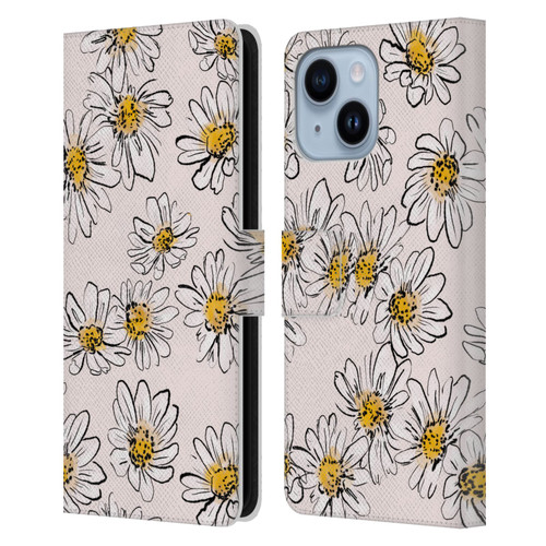 Anis Illustration Floral And Leaves Daisies Pink Pastel Leather Book Wallet Case Cover For Apple iPhone 14 Plus