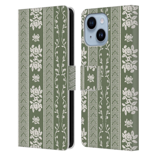 Anis Illustration Floral And Leaves Floral Stripes Green Leather Book Wallet Case Cover For Apple iPhone 14 Plus