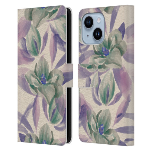 Anis Illustration Floral And Leaves Magnolias Paint Purple Leather Book Wallet Case Cover For Apple iPhone 14 Plus