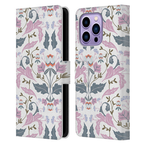 Anis Illustration Floral And Leaves Victorian Mirrored Pink Leather Book Wallet Case Cover For Apple iPhone 14 Pro Max